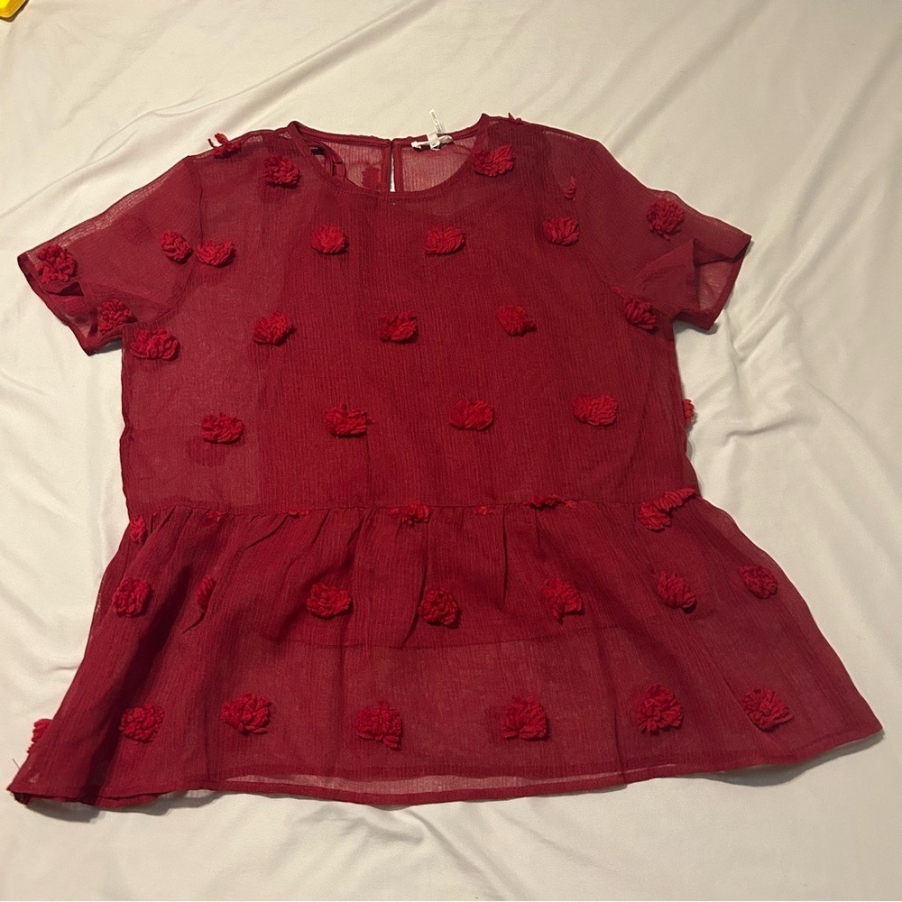 Entro Burgundy Textured Pom‎ Pom Peplum Blouse Size L